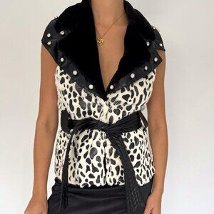 y2k vintage black white animal print faux fur leather belted sleeveless top vest
